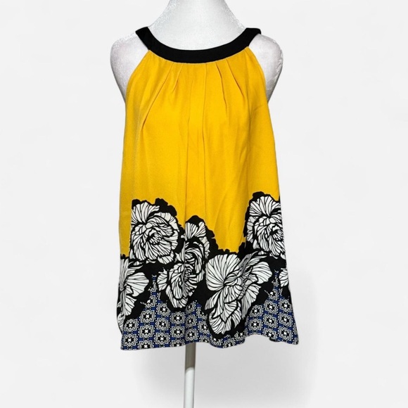 Yellow, Blue and Black Floral Sleeveless Blouse With Tie Back Collar. Size Large - Picture 1 of 2